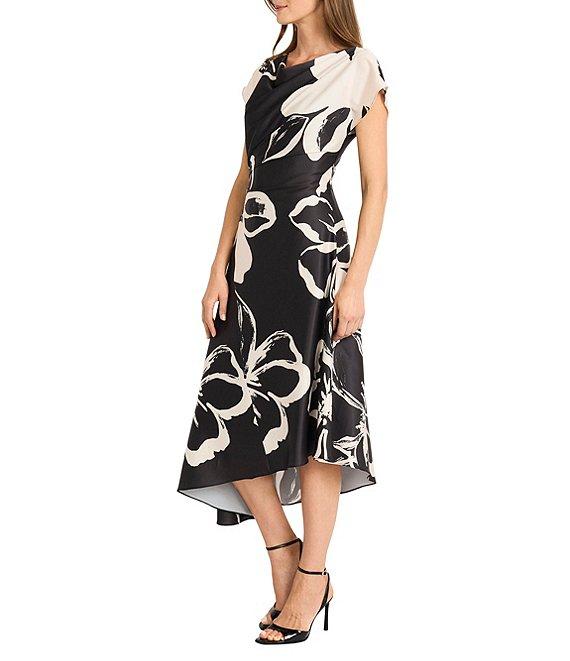 Maggy London Floral Charmeuse Cowl Neck Short Sleeve Asymmetrical Hem A-Line Midi Dress Product Image