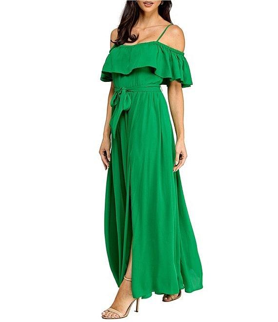 Layered With Love Teri Georgette Off The Shoulder Neck Short Sleeve Ruffle Gown Product Image