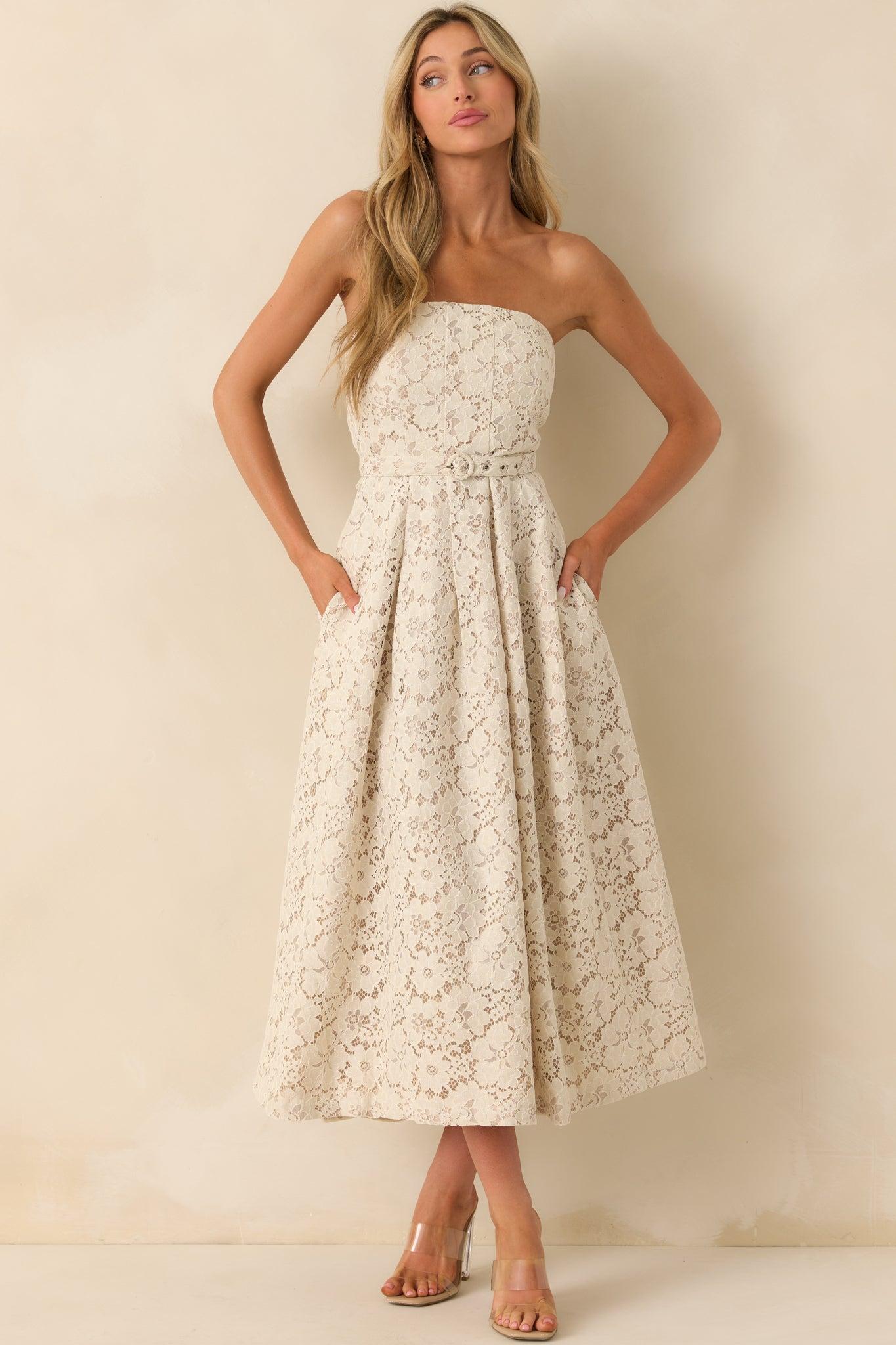 Still The One For You Ivory Cotton Lace Strapless Midi Dress Product Image