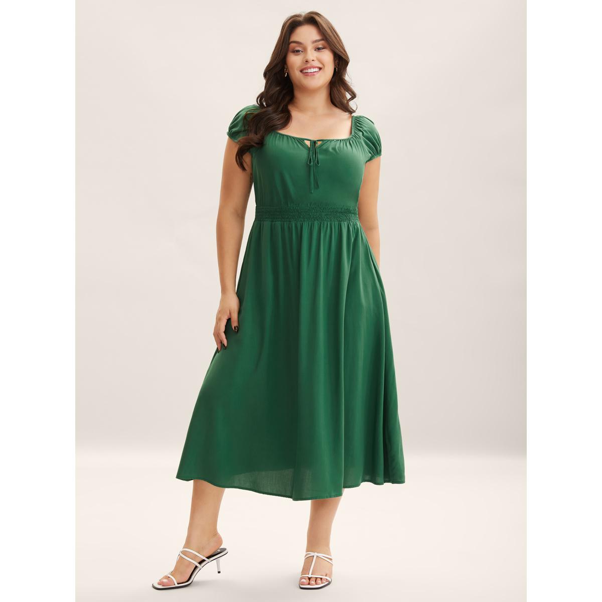 Plus Size Rayon Keyhole Pockets Solid Milkmaid Dress Emerald Women Timeless Square Neck Cap Sleeve Curvy BloomChic 14-16/1X Product Image