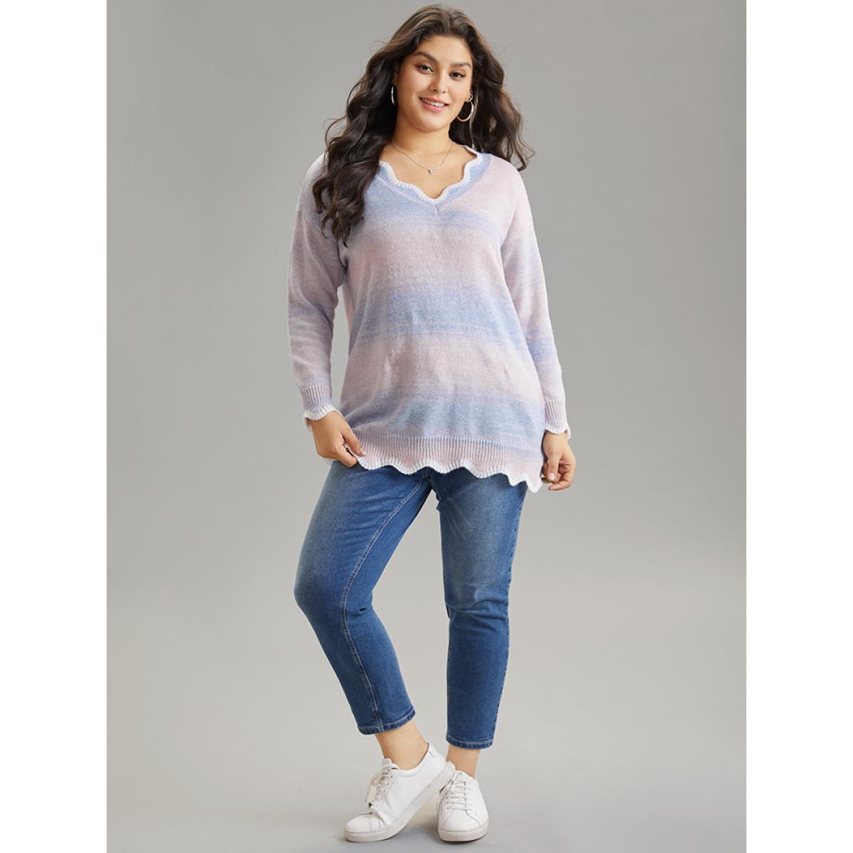 Plus Size Anti-Pilling Ombre Heather Scalloped Trim Pullover Crepe Women Casual Loose Long Sleeve V-neck Dailywear Pullovers BloomChic 30/6X Product Image