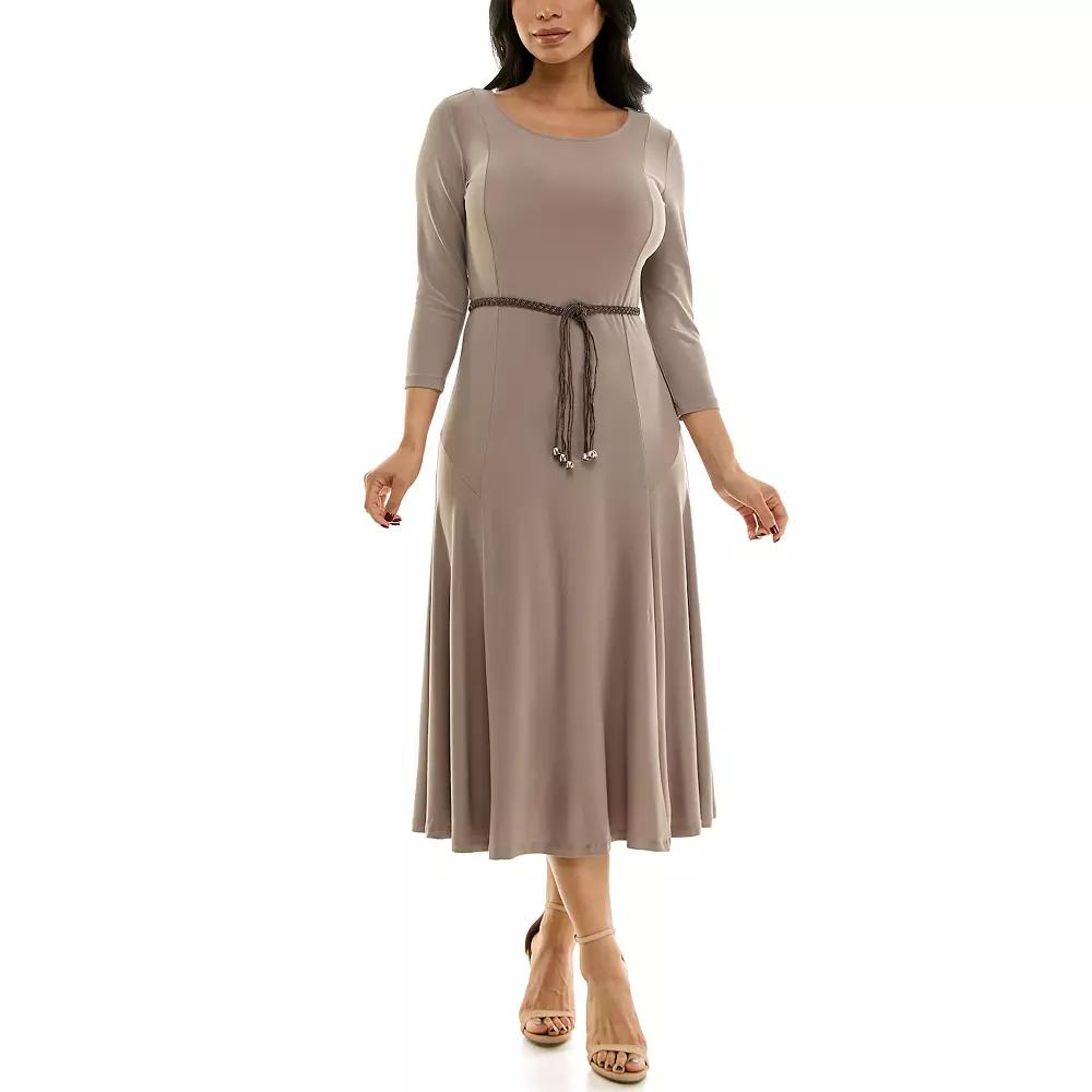 Women's Nina Leonard Sylvia Three-Quarter Sleeve Belted Midi Dress,  Product Image