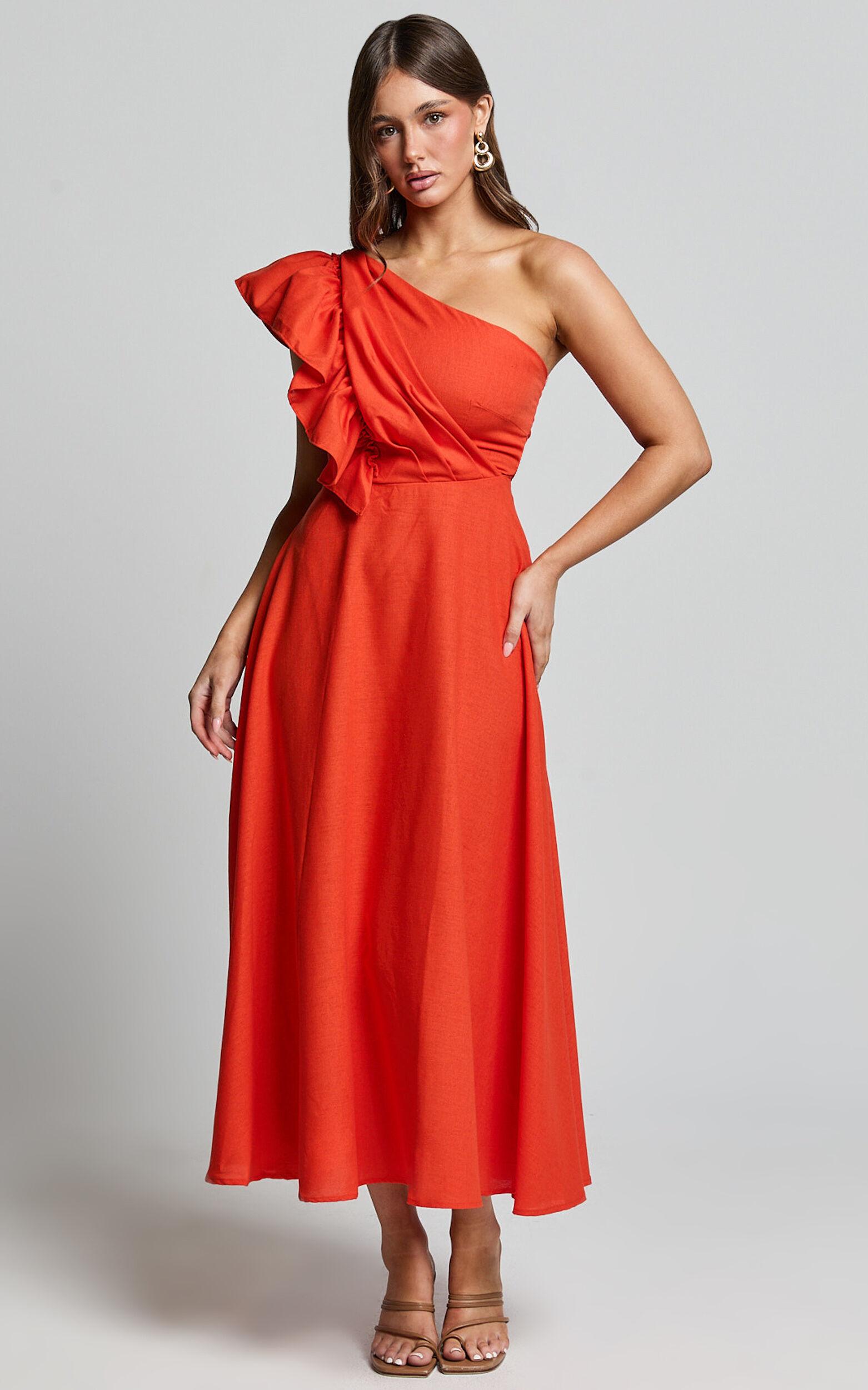 Dixie Midi Dress - Linen Look One Shoulder Ruffle Dress in Red Orange Product Image