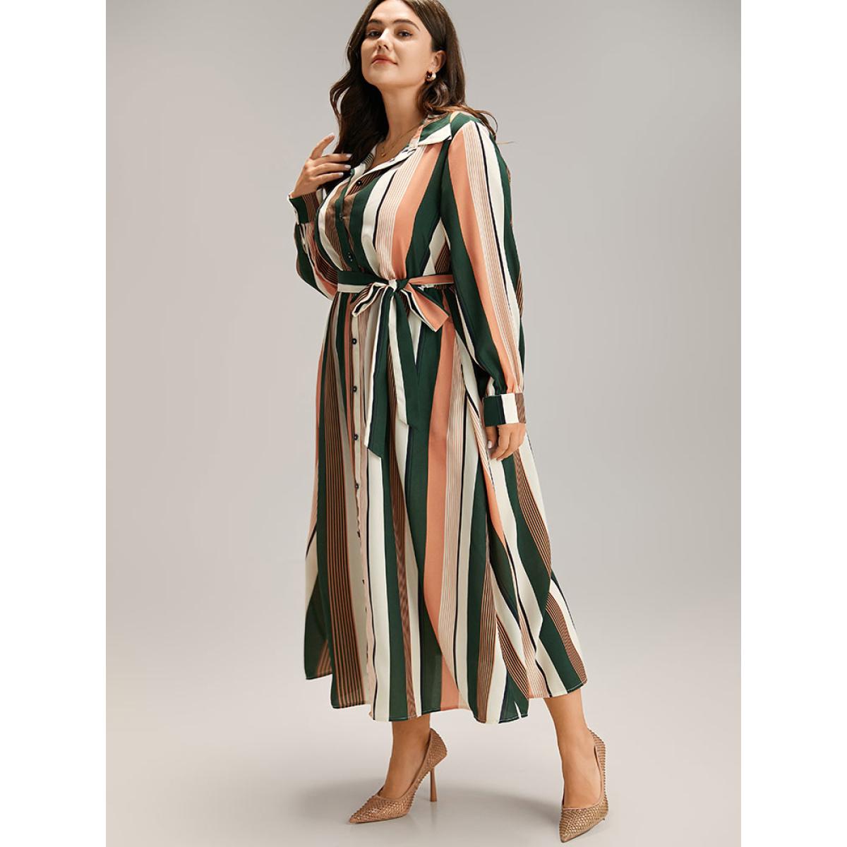 Plus Size Striped Belted Shirt Collar Button Through Dress Multicolor Women At the Office Printed Shirt collar Long Sleeve Curvy Midi Dress BloomChic 30/6X Product Image