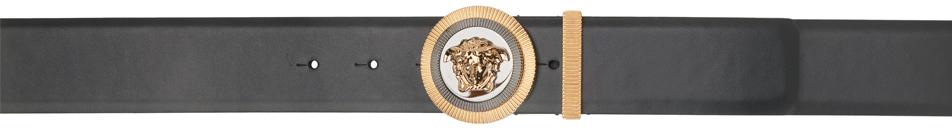 VERSACE Medusa Streamlined Leather Belt With Adjustable Length And Gold-tone Buckle In Black Product Image