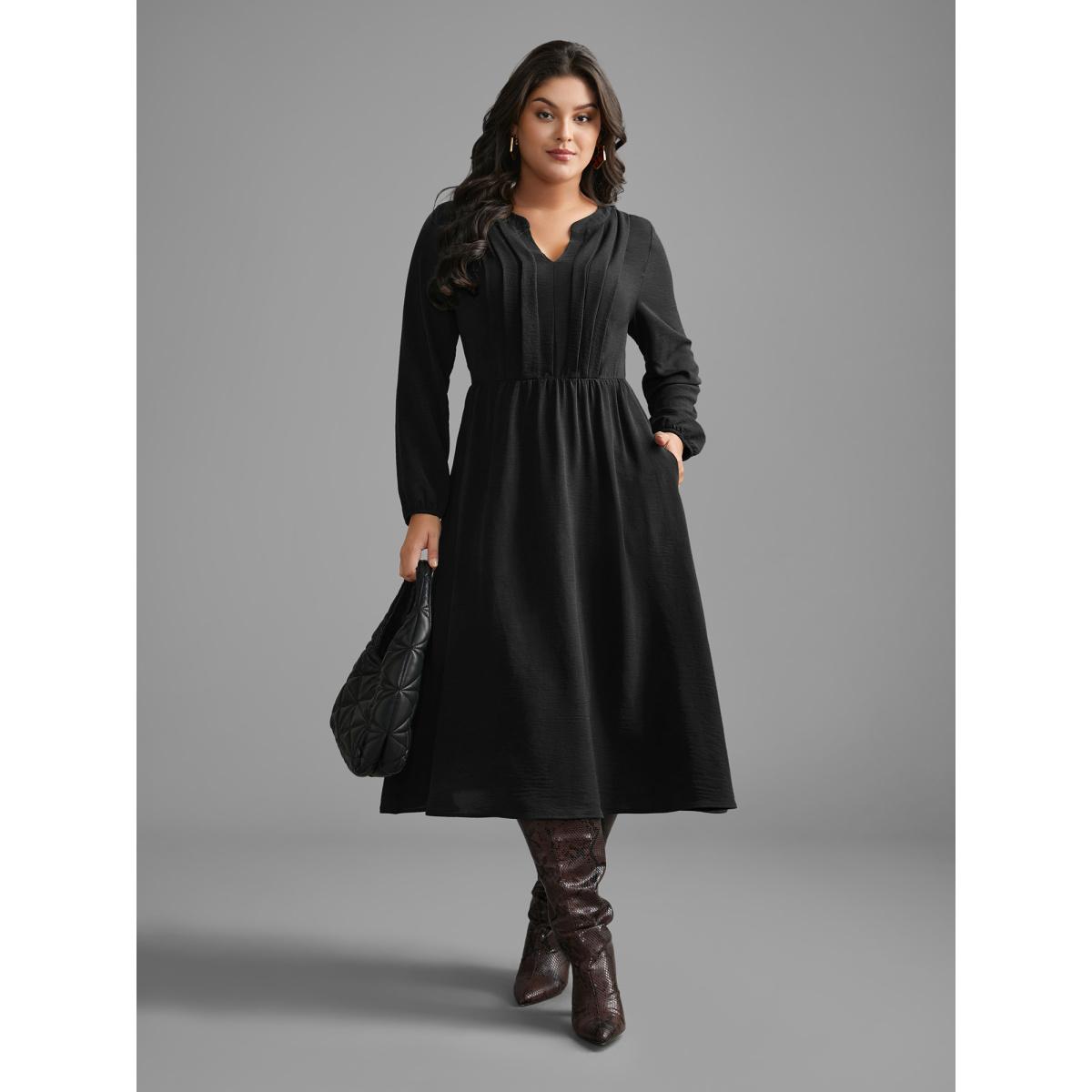 Plus Size Plain Notched Pleated Midi Dress Black Women At the Office Pleated Flat collar Long Sleeve Curvy BloomChic 14-16/1X Product Image