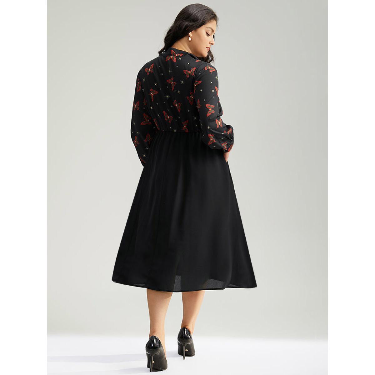 Plus Size Christmas Butterfly Patchwork Tie Neck Dress Black Women Office Cross straps Tie Neck Long Sleeve Curvy Midi Dress BloomChic 28/5X Product Image
