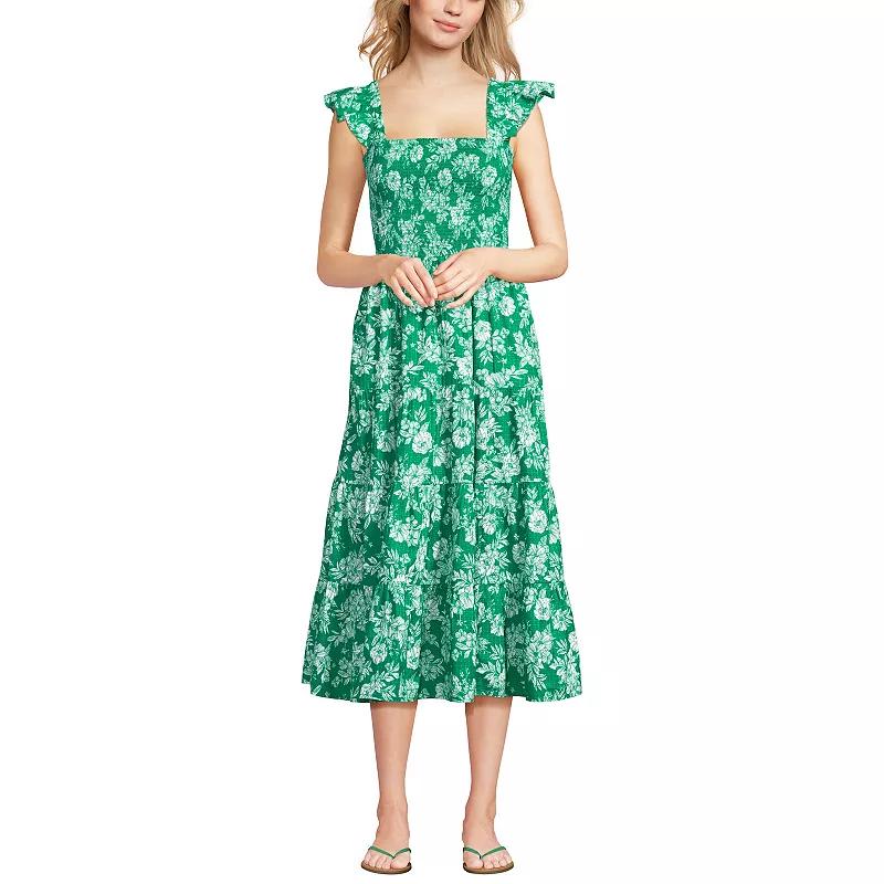 Women's Lands' End Cotton Dobby Smocked Ruffle Shoulder Midi Dress,  Product Image