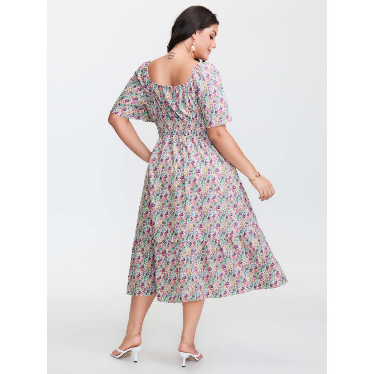 Plus Size Smocked Waist Floral Ties Tiered Maxi Dress Multicolor Women Timeless Tie knot Square Neck Short sleeve Curvy BloomChic 28/5X Product Image
