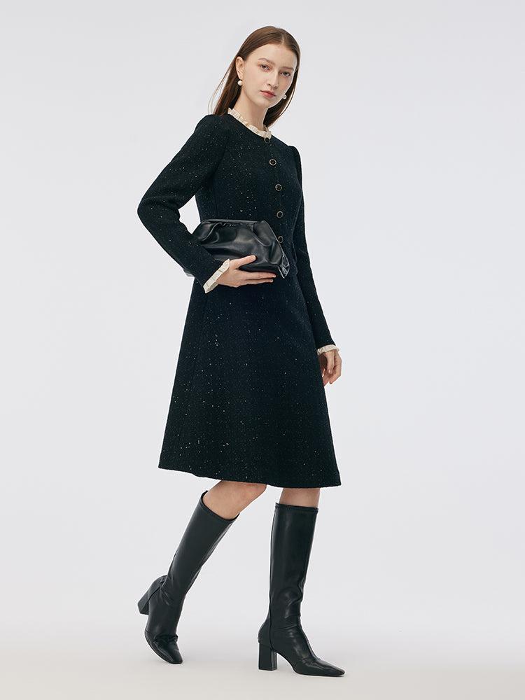 Wool Blend Sequins Tweed Ruffle Collar Women Midi Dress Product Image