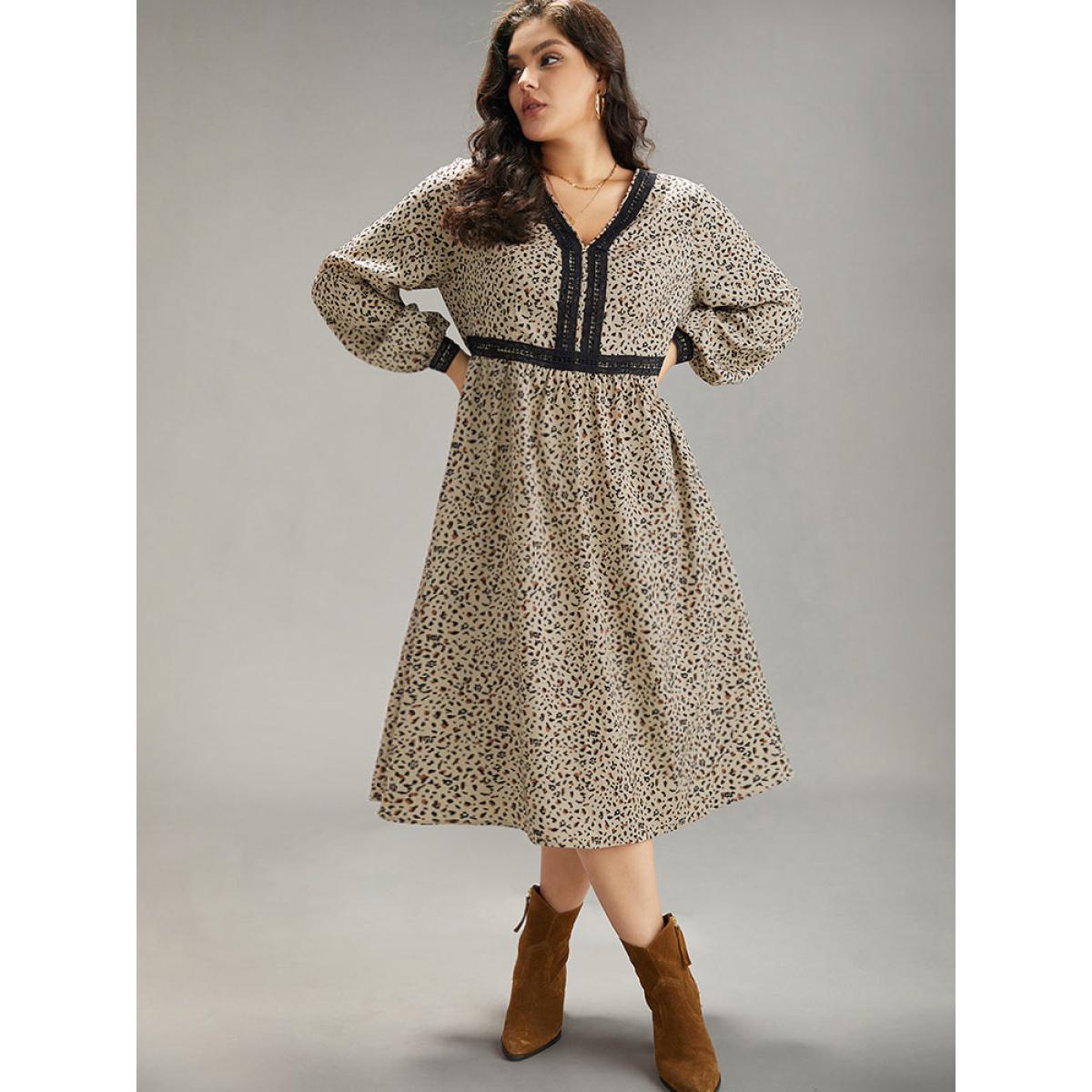 Plus Size Leopard Pocket Guipure Lace Lantern Sleeve Dress Stone Women Vacation Elastic cuffs V-neck Long Sleeve Curvy Midi Dress BloomChic 30/6X Product Image