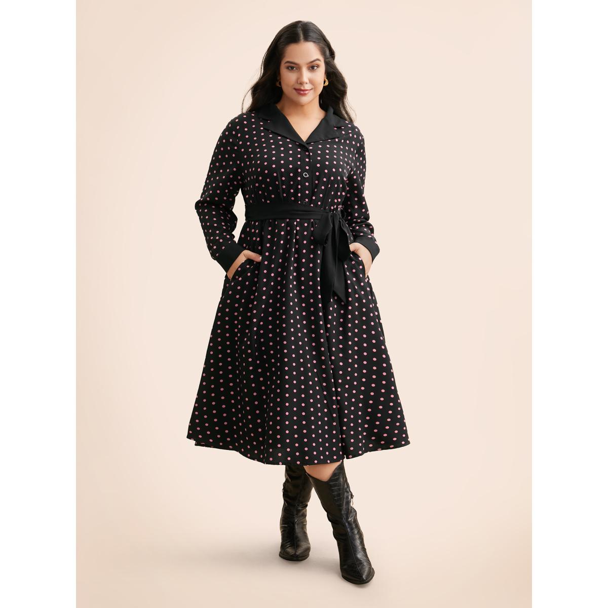Plus Size Polka Dot Suit Collar Belted Dress Black Women Elegant Belted Suit Collar Long Sleeve Curvy BloomChic 12/L Product Image