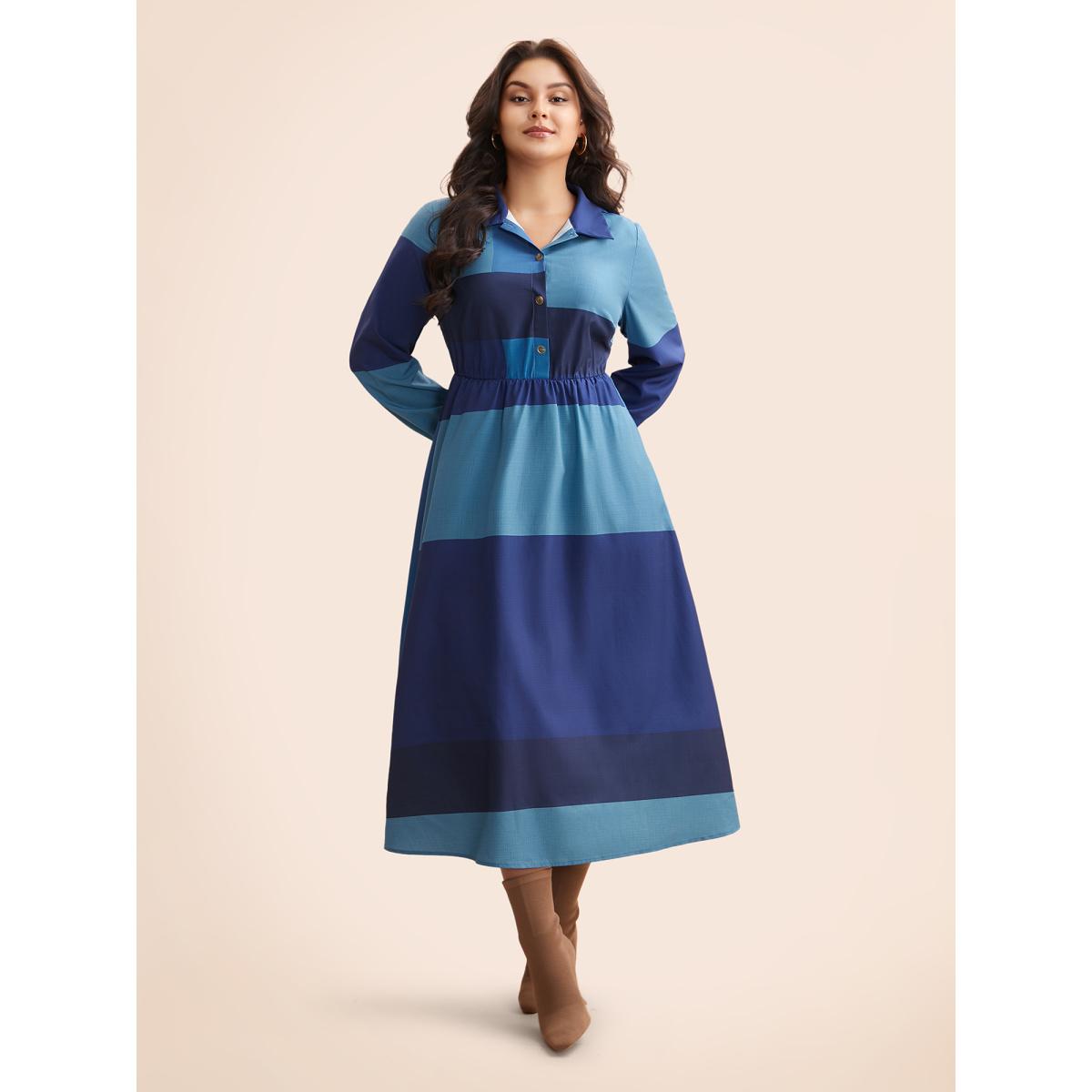 Plus Size Shirt Collar Colorblock Contrast Midi Dress DarkBlue Women Elegant Contrast Shirt collar Long Sleeve Curvy BloomChic 12/L Product Image