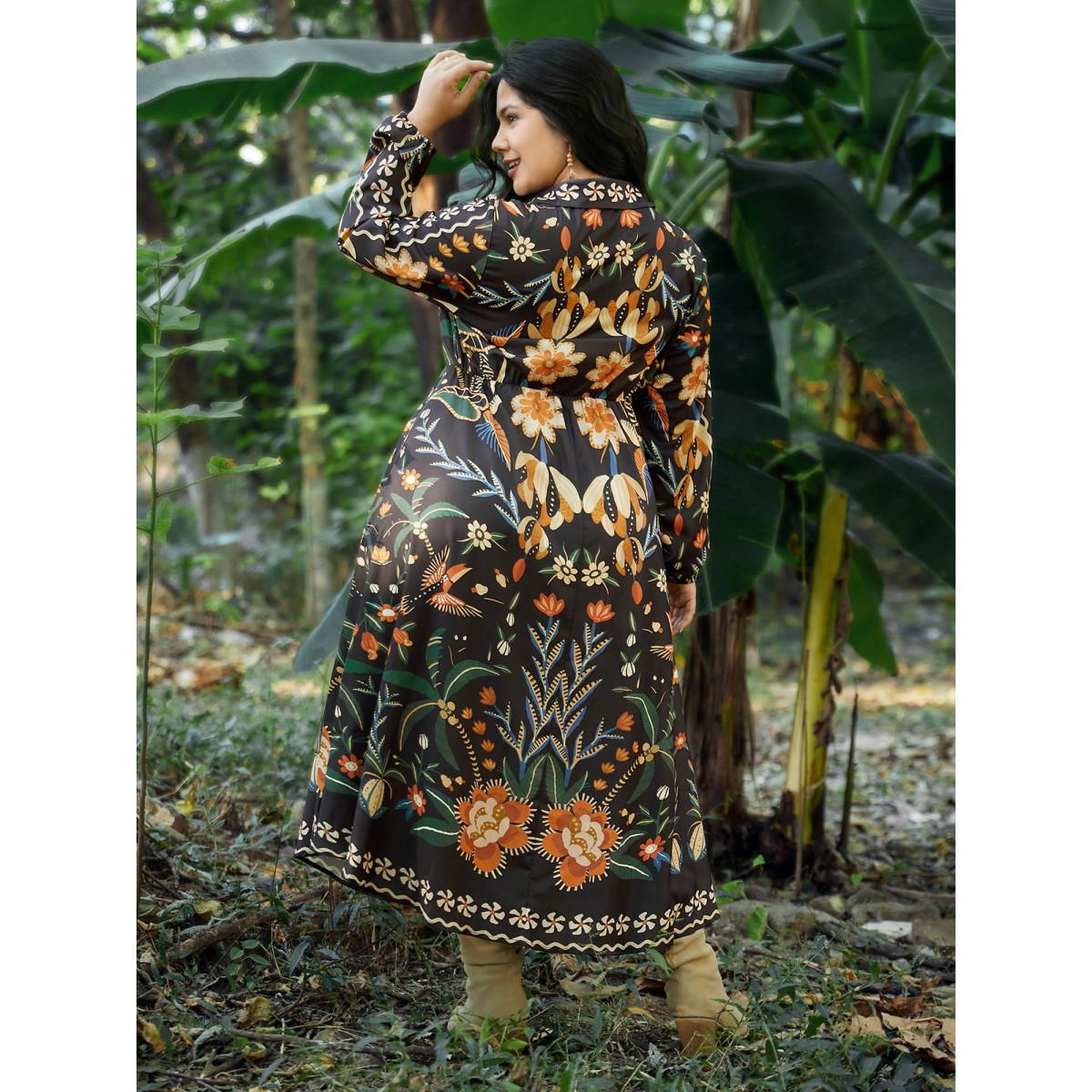 Plus Size Bandana Print Pocket Lapel Collar Elastic Cuffs Dress Black Women Resort Non V-neck Long Sleeve Curvy Midi Dress BloomChic 12/L Product Image