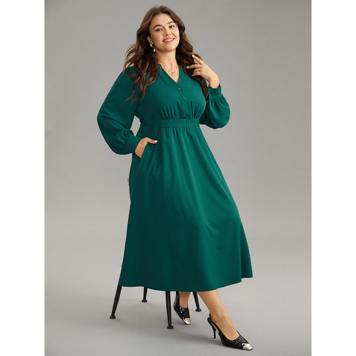 Plus Size Anti-Wrinkle Shirred Gathered Notched Dress Teal Women Office Plain Notched collar Long Sleeve Curvy Midi Dress BloomChic 14-16/1X Product Image