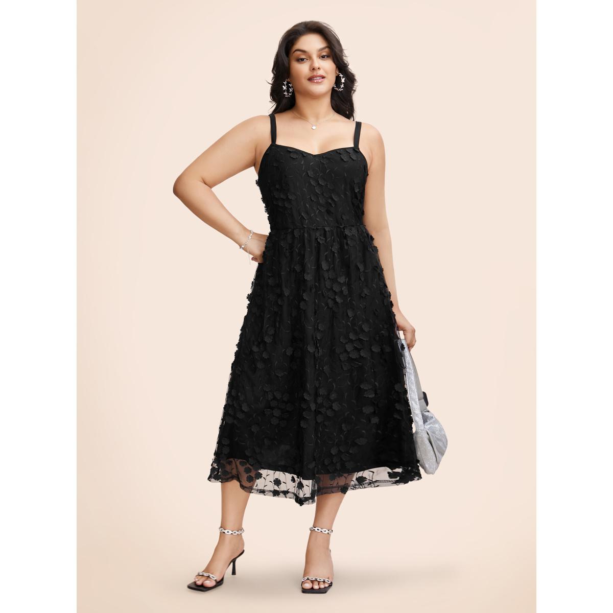 Plus Size Texture Floral See Through Cami Dress Black Women Formal Texture Heart neckline Sleeveless Curvy BloomChic 14-16/1X Product Image