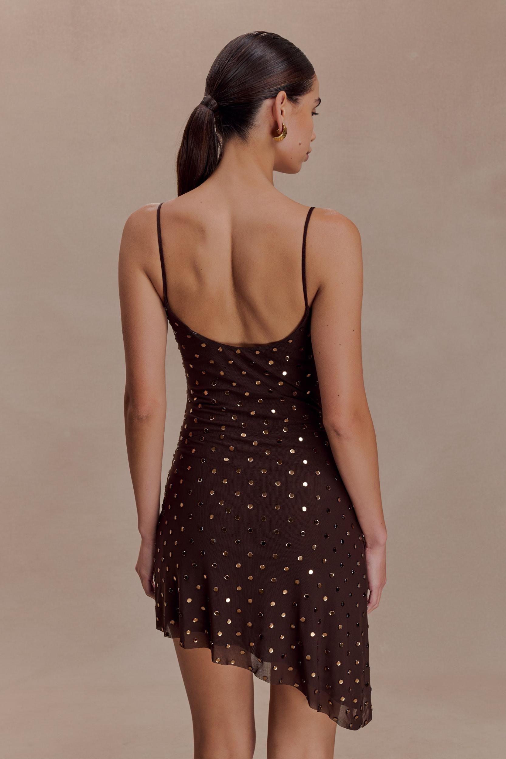 Zahra Diamante Cowl Mini Dress - Chocolate Product Image