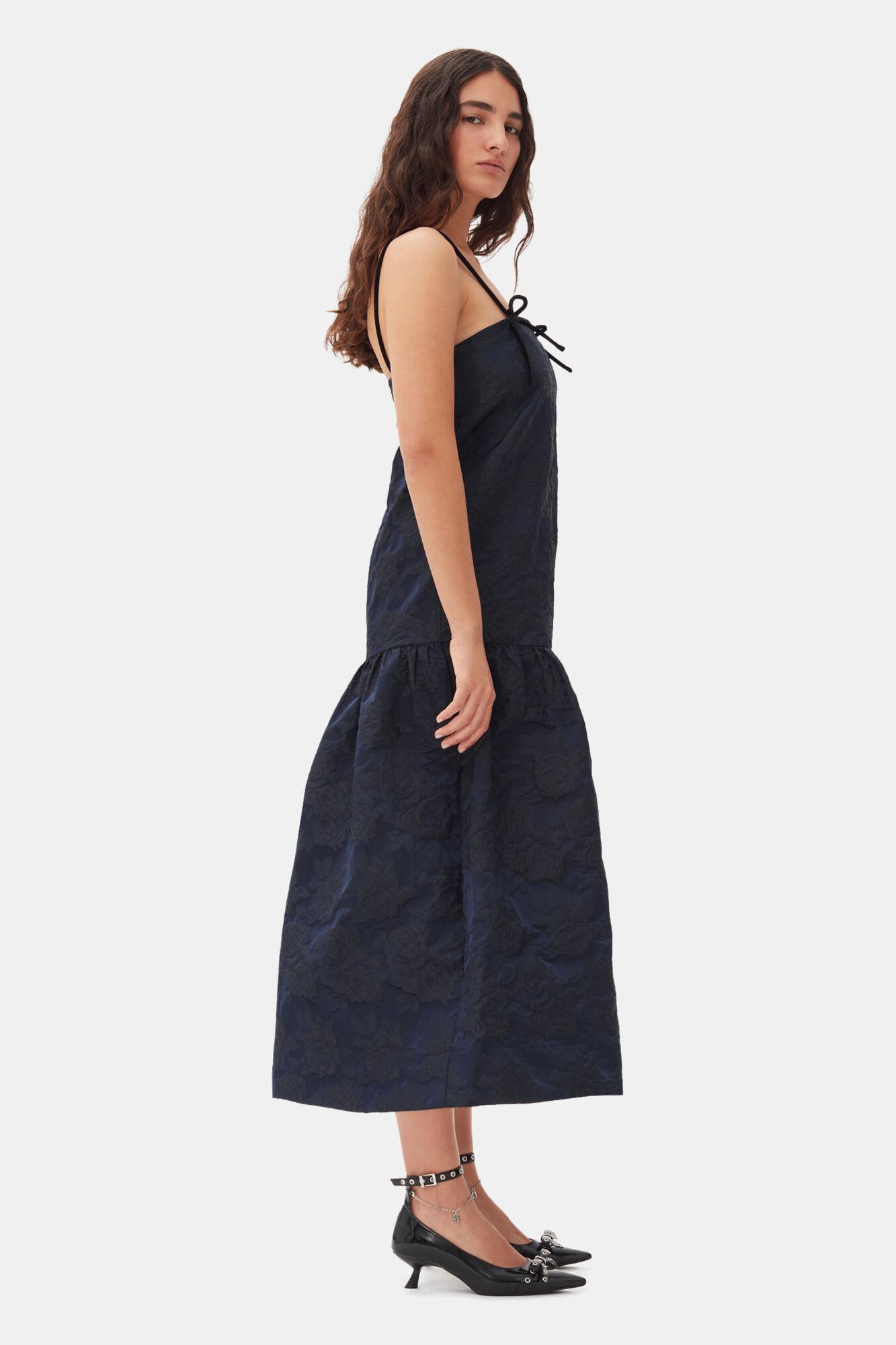 Navy Blue Botanical Jacquard Strap Midi Dress Product Image