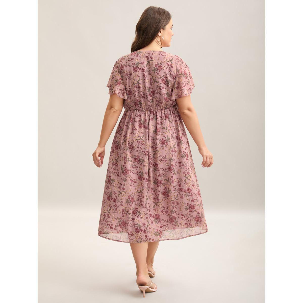 Plus Size Chiffon Floral Print Ruffled Midi Dress Blush Women Romantic Ruffles Round Neck Short sleeve Curvy BloomChic 14-16/1X Product Image