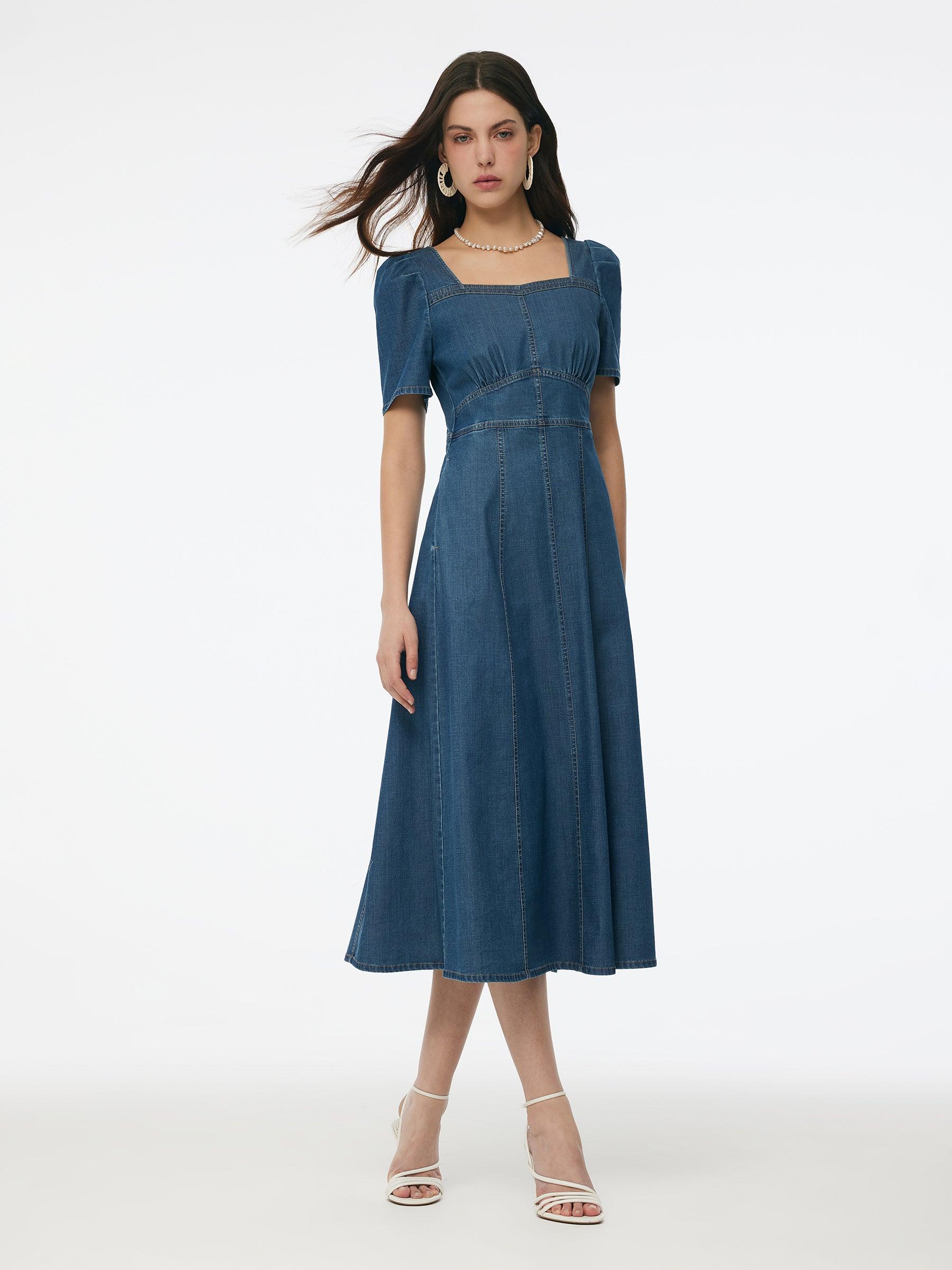 Denim Stretch Women Square Neck Midi Dress Product Image