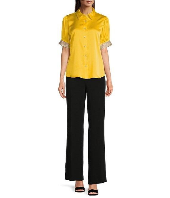 KARL LAGERFELD PARIS Tech Satin Point Collar Short Trim Sleeve Embellished Button-Front Blouse Product Image