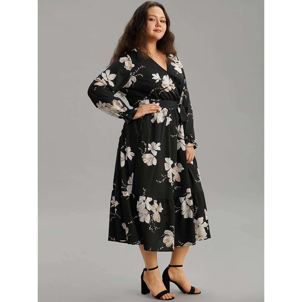 Plus Size Floral Print Flutter Sleeve Belted Surplice Neck Dress Black Women Elegant Wrap Overlap Collar Long Sleeve Curvy Midi Dress BloomChic 22-24/3X Product Image