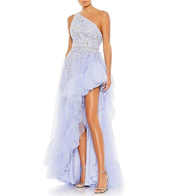 Mac Duggal Embellished One Shoulder Sleeveless Ruffle Hem Open Back Detail Asymmetrical Gown Product Image