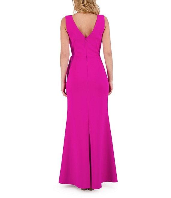 Eliza J Techno Scuba Surplice V-Neck Sleeveless Waist Buckle Pleated Mermaid Gown Product Image