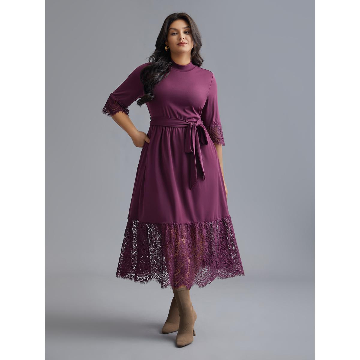 Plus Size Mock Neck Crochet Lace Belted Dress Deeppurplered Women Elegant Woven ribbon&lace trim Knit Dresses Bloomchic 30/6X Product Image