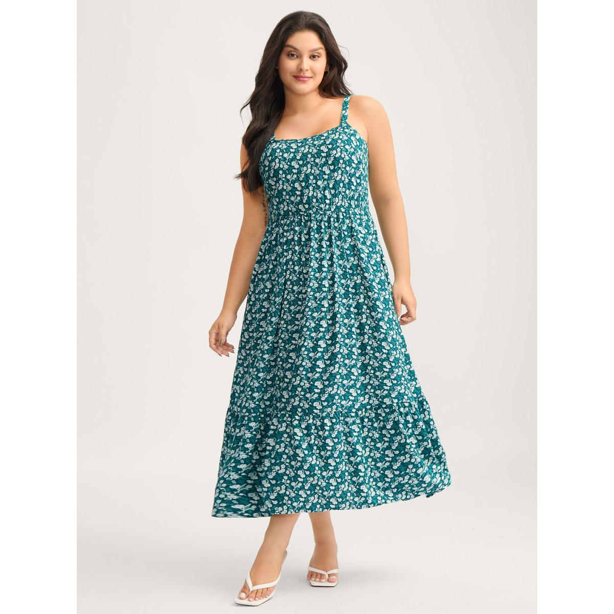 Plus Size Rayon Ditsy Floral Print Pockets Midi Dress Teal Women Square Neck Sleeveless Curvy BloomChic 22-24/3X Product Image