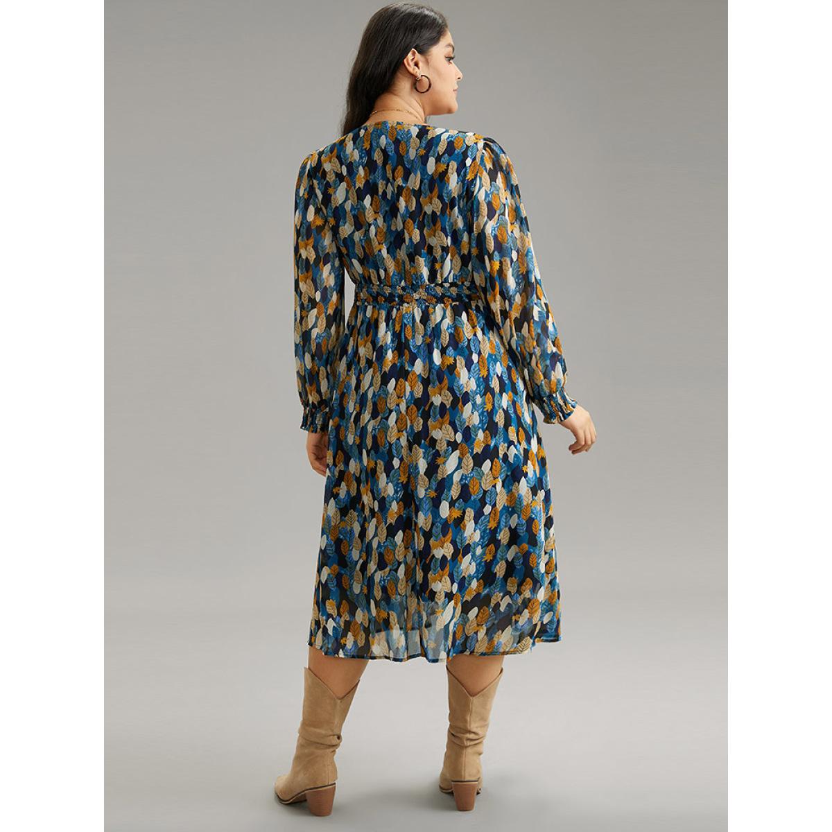 Plus Size Overlap Collar Feather Shirred Pocket Dress DarkBlue Women Elegant Wrap Overlap Collar Long Sleeve Curvy Midi Dress BloomChic 12/L Product Image