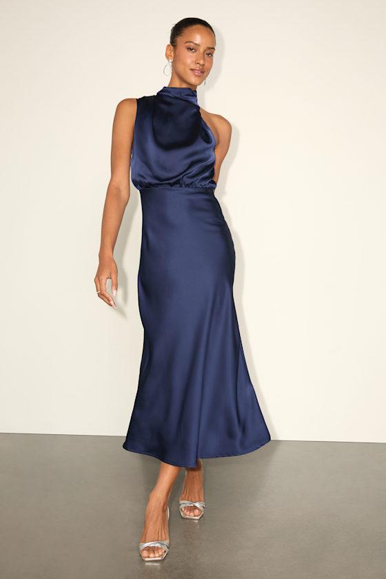 Distinctive Charm Navy Satin Asymmetrical Midi Dress Product Image