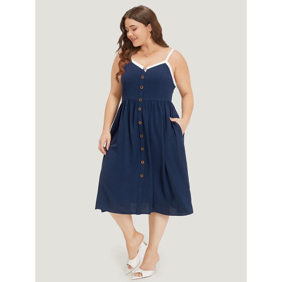 Plus Size Contrast Trim Pocket Button Detail Gathered Cami Dress Indigo Women Office Adjustable Straps Spaghetti Strap Sleeveless Curvy Midi Dress BloomChic 18-20/2X Product Image