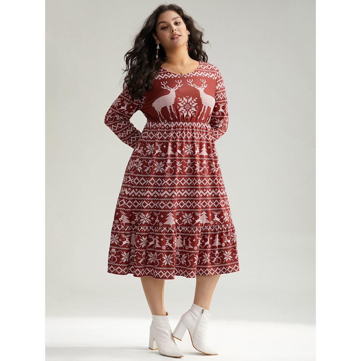 Plus Size Christmas Elk Gathered Ruffle Layered Hem Dress Scarlet Women Casual Printed Round Neck Long Sleeve Curvy Midi Dress BloomChic 14-16/1X Product Image