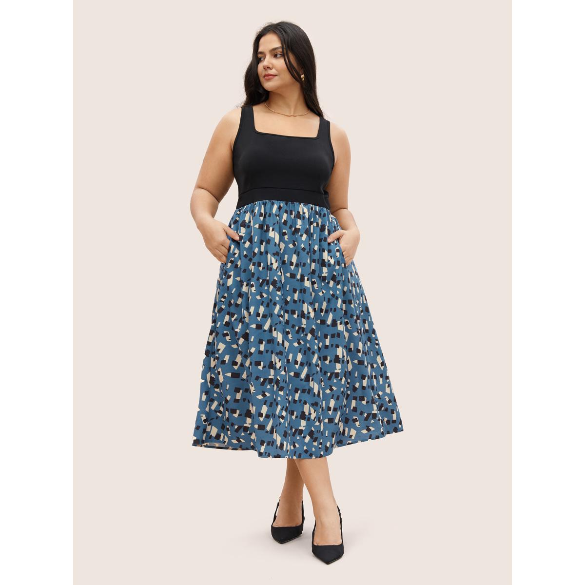 Plus Size Geometric Patchwork Square Neck Pocket Dress Blue Women At the Office Patchwork Square Neck Sleeveless Curvy Midi Dress BloomChic 26/4X Product Image