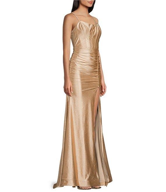 Honey and Rosie Glitter Knit Scoop Neck Spaghetti Strap Low Back Shirred Gown Product Image
