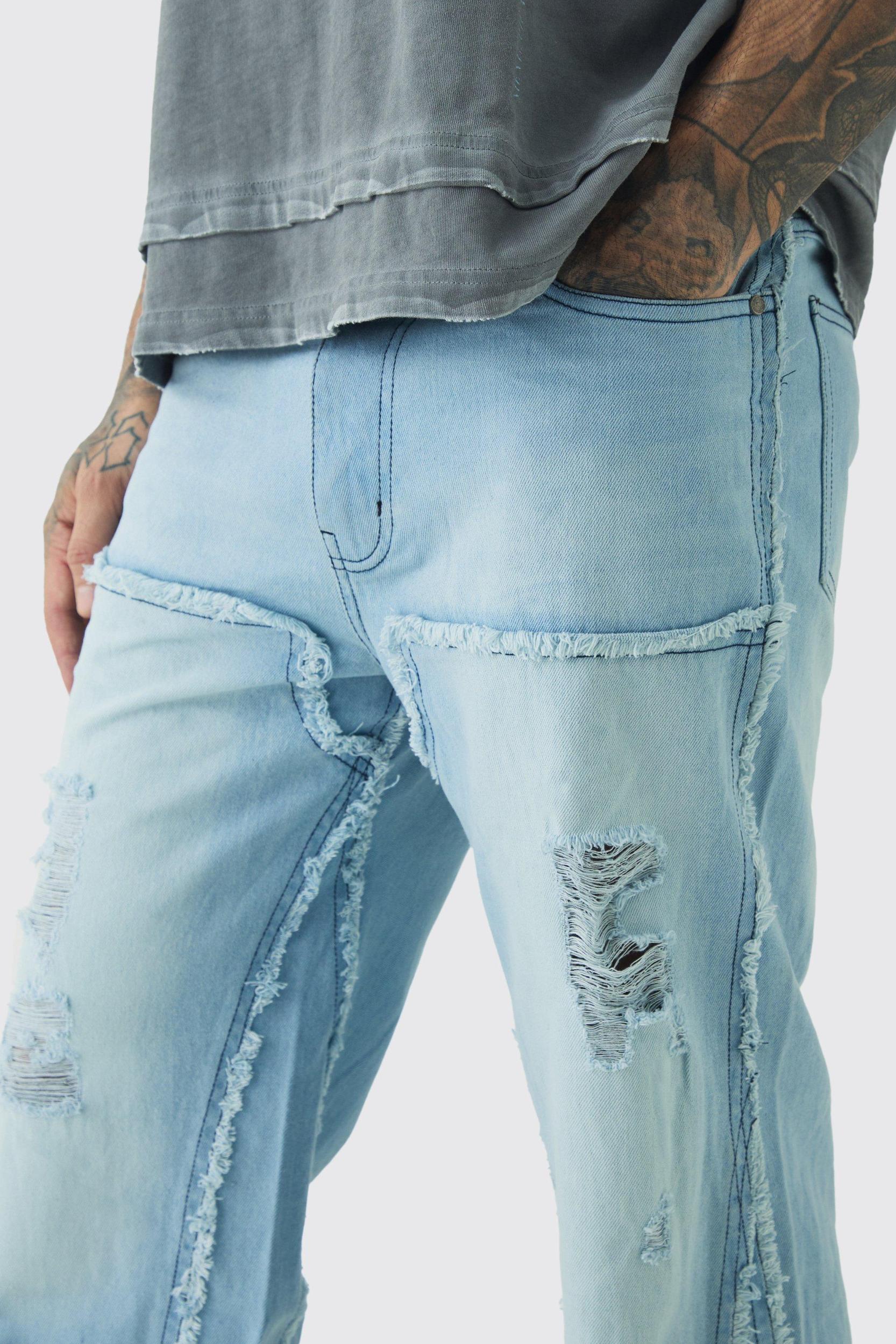 Tall Raw Edge Rip & Repair Carpenter Panel Relaxed Fit Flared Jeans | boohooMAN USA Product Image