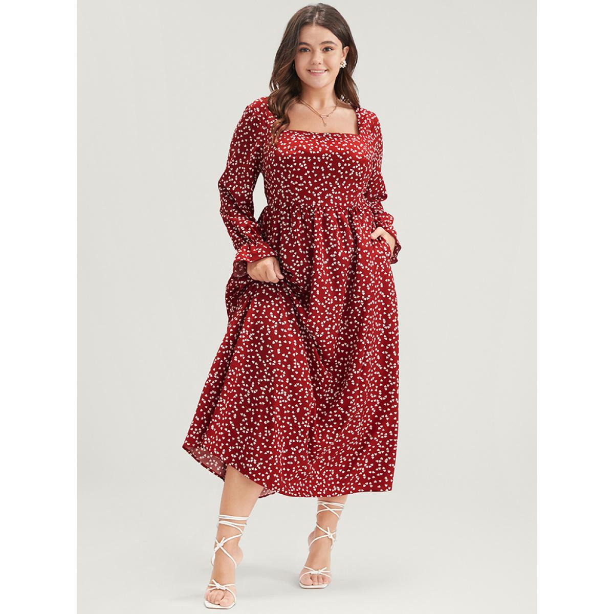 Plus Size Heart Print Lantern Sleeve Pocket Square Neck Dress Scarlet Women Elegant Pocket Square Neck Long Sleeve Curvy Midi Dress BloomChic 26/4X Product Image