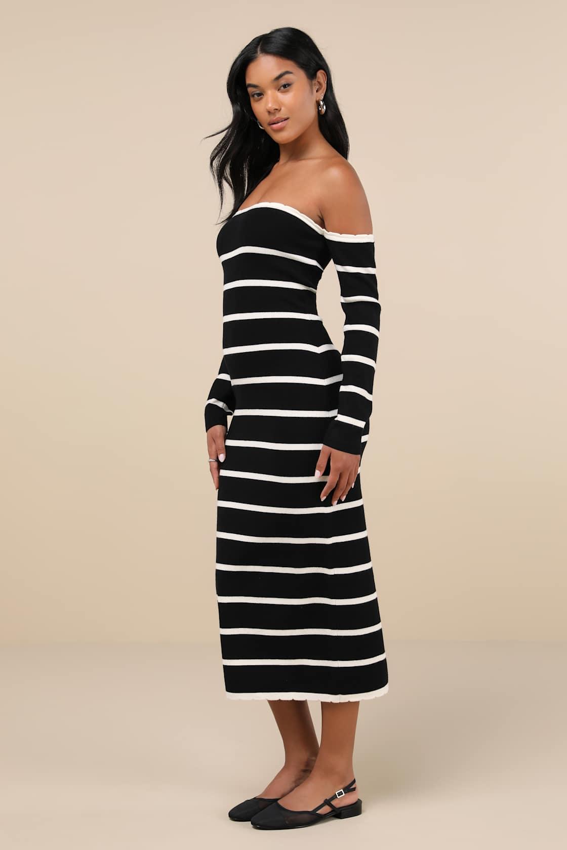 Chicest Side Black Striped Off-the-Shoulder Midi Sweater Dress Product Image