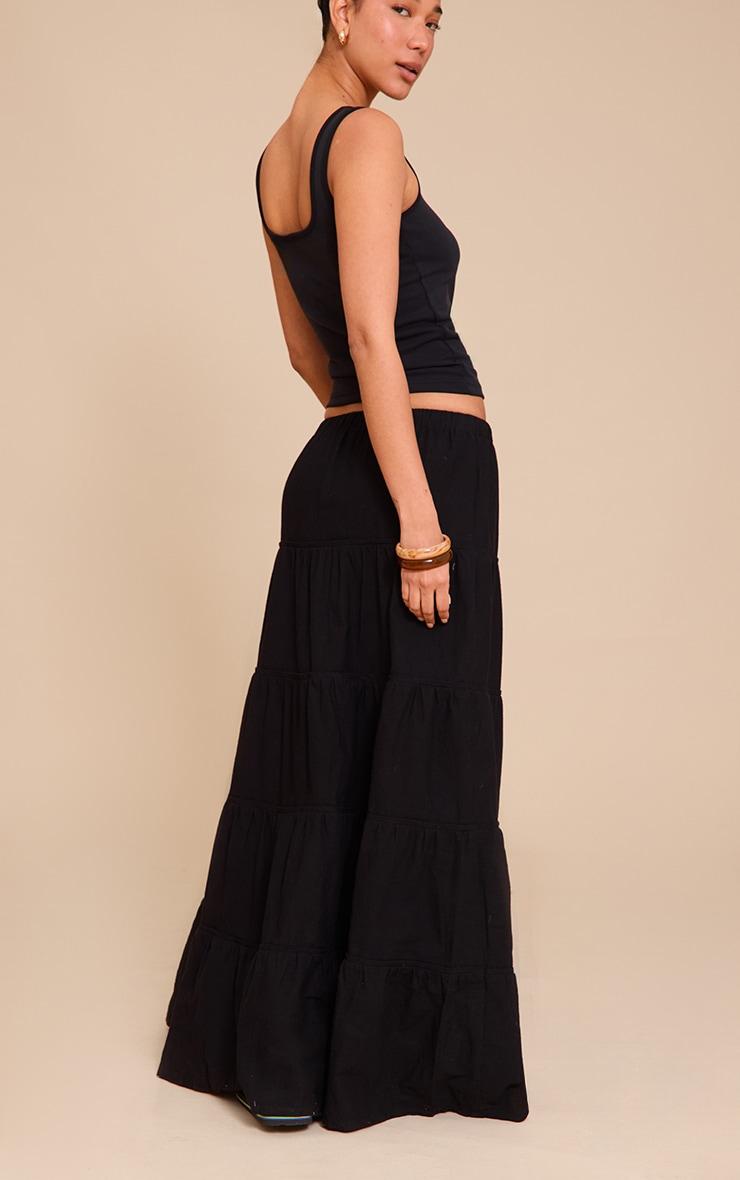 Black Cotton Tiered Drawstring Waist Maxi Skirt Product Image