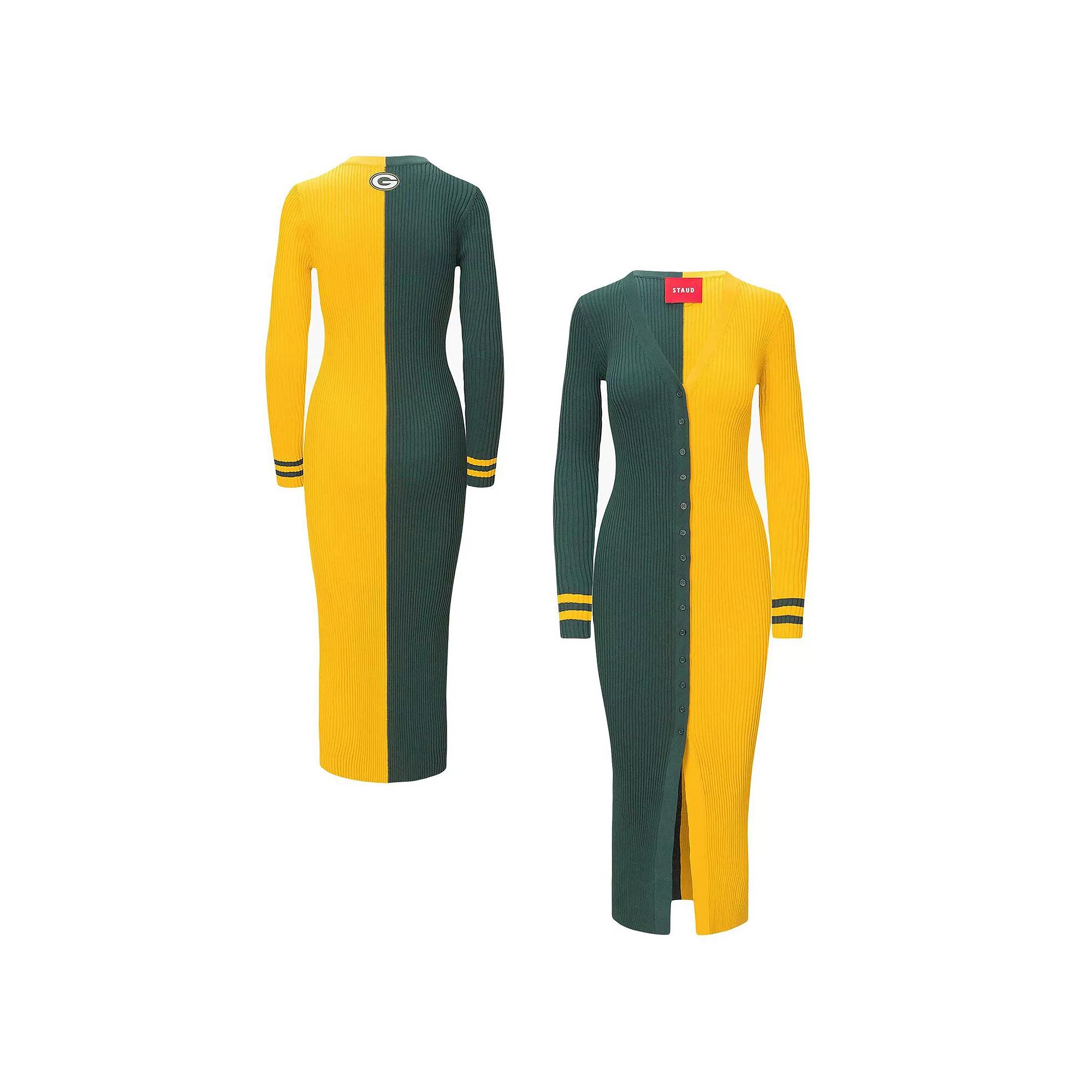 Women's STAUD Green/Gold Green Bay Packers Shoko Knit Button-Up Sweater Dress, Size: XL Product Image
