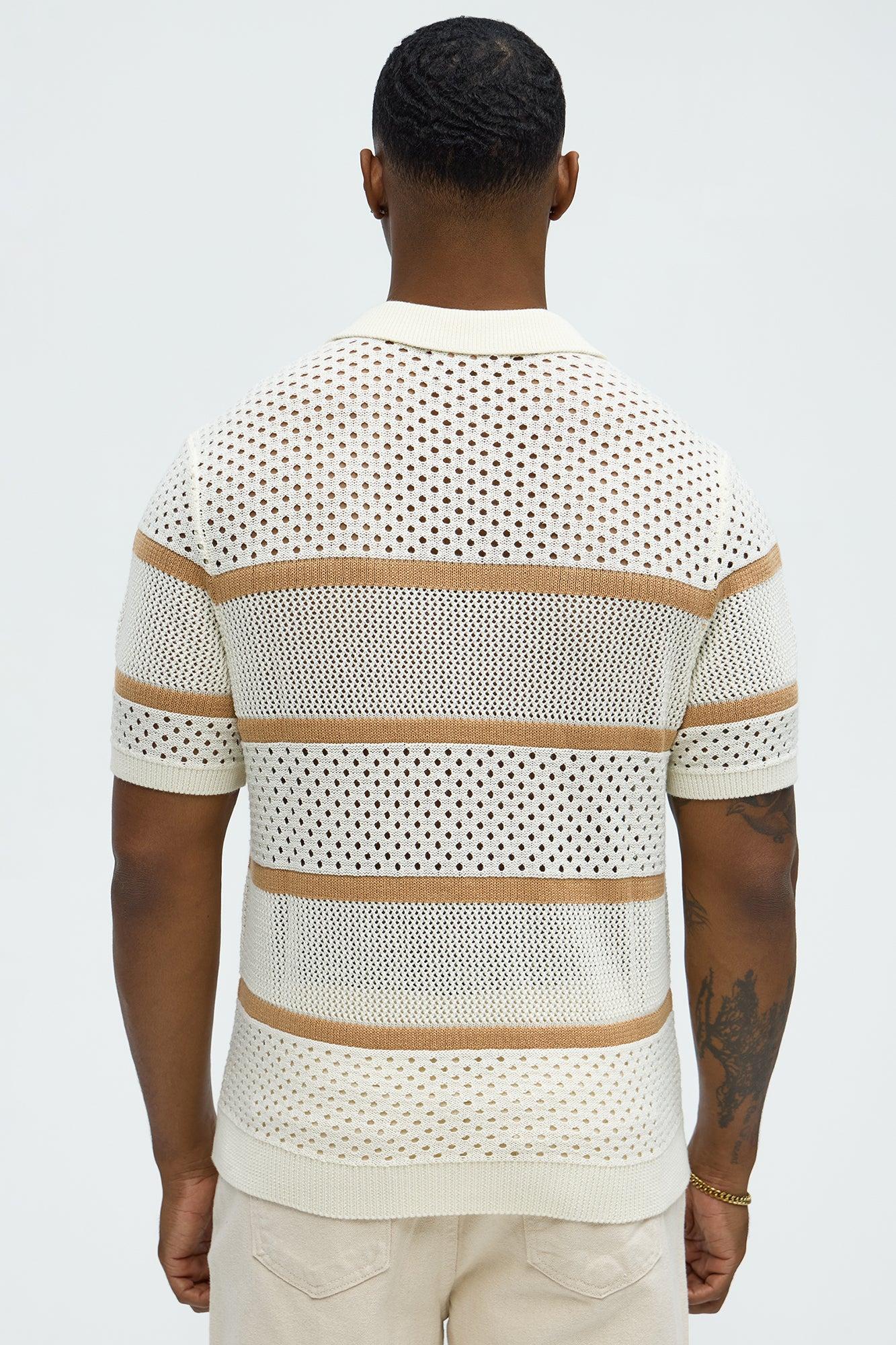Mixed Texture Knitted Johnny Collar Shirt - Cream/combo Product Image