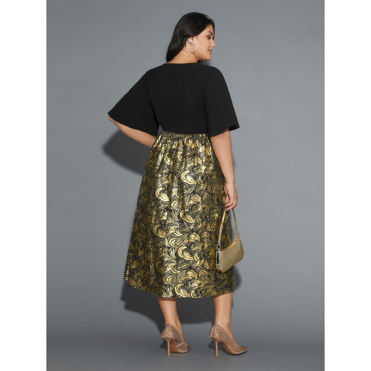 Plus Size V Neck Glitter Flounce Sleeve Dress Black Women Cocktail Texture V-neck Half Sleeve Curvy BloomChic 26/4X Product Image