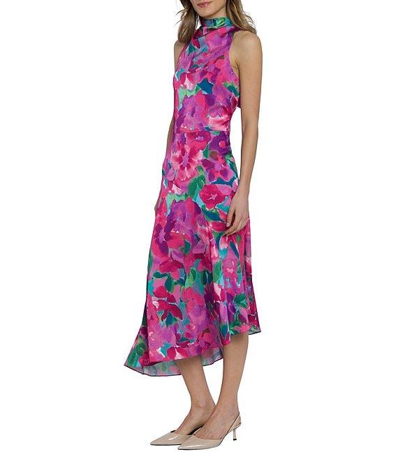 Maggy London Charmeuse Floral Cowl Mock Neck Sleeveless Asymmetrical Hem Midi Dress Product Image