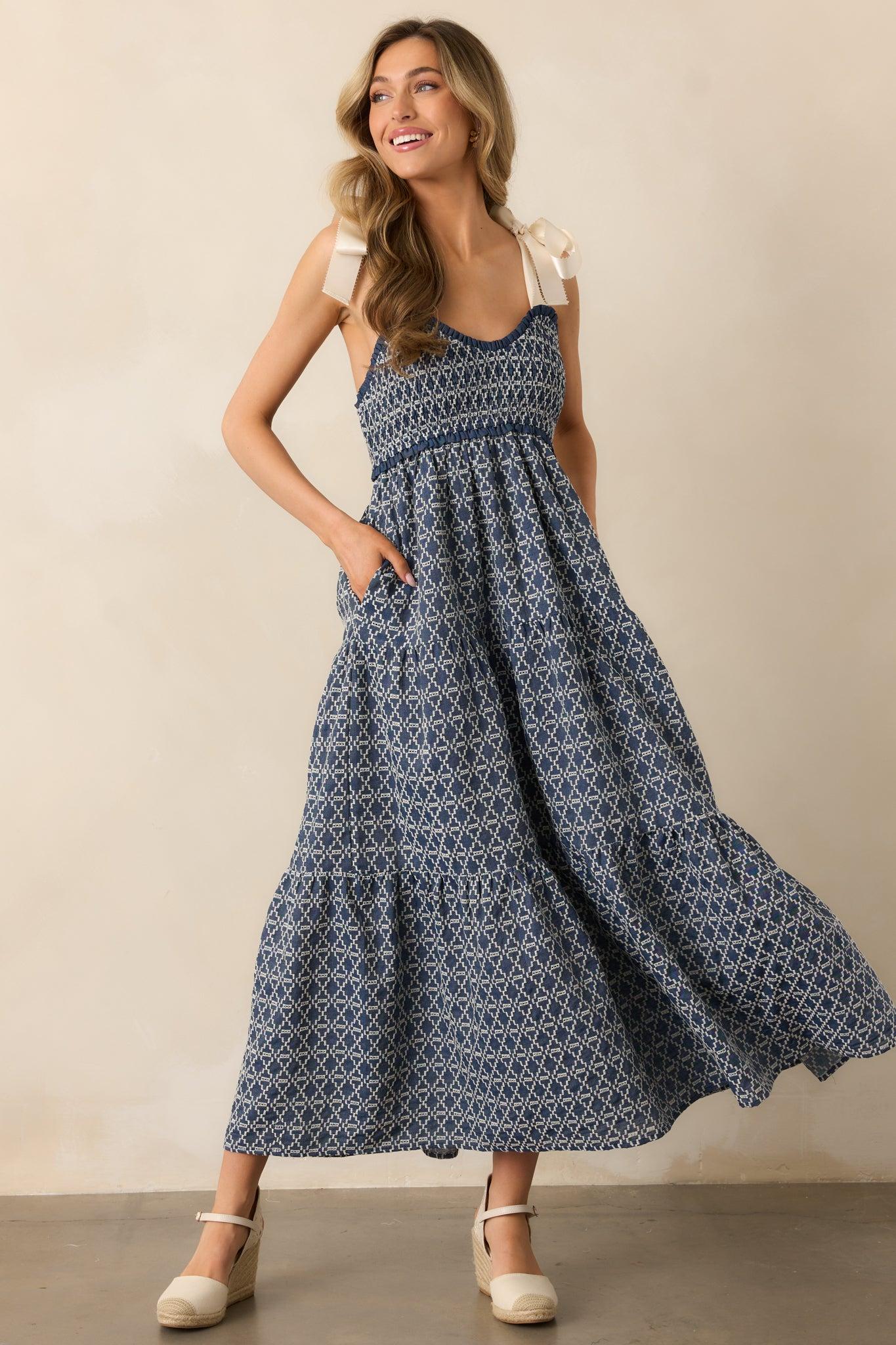 The Felicity Dark Wash Chambray Cotton Embroidered Maxi Dress Product Image