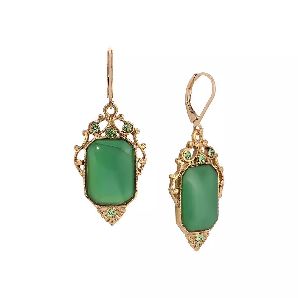 1928 Gold Tone Green Crystal Rectangle Drop Earrings, Women's Product Image