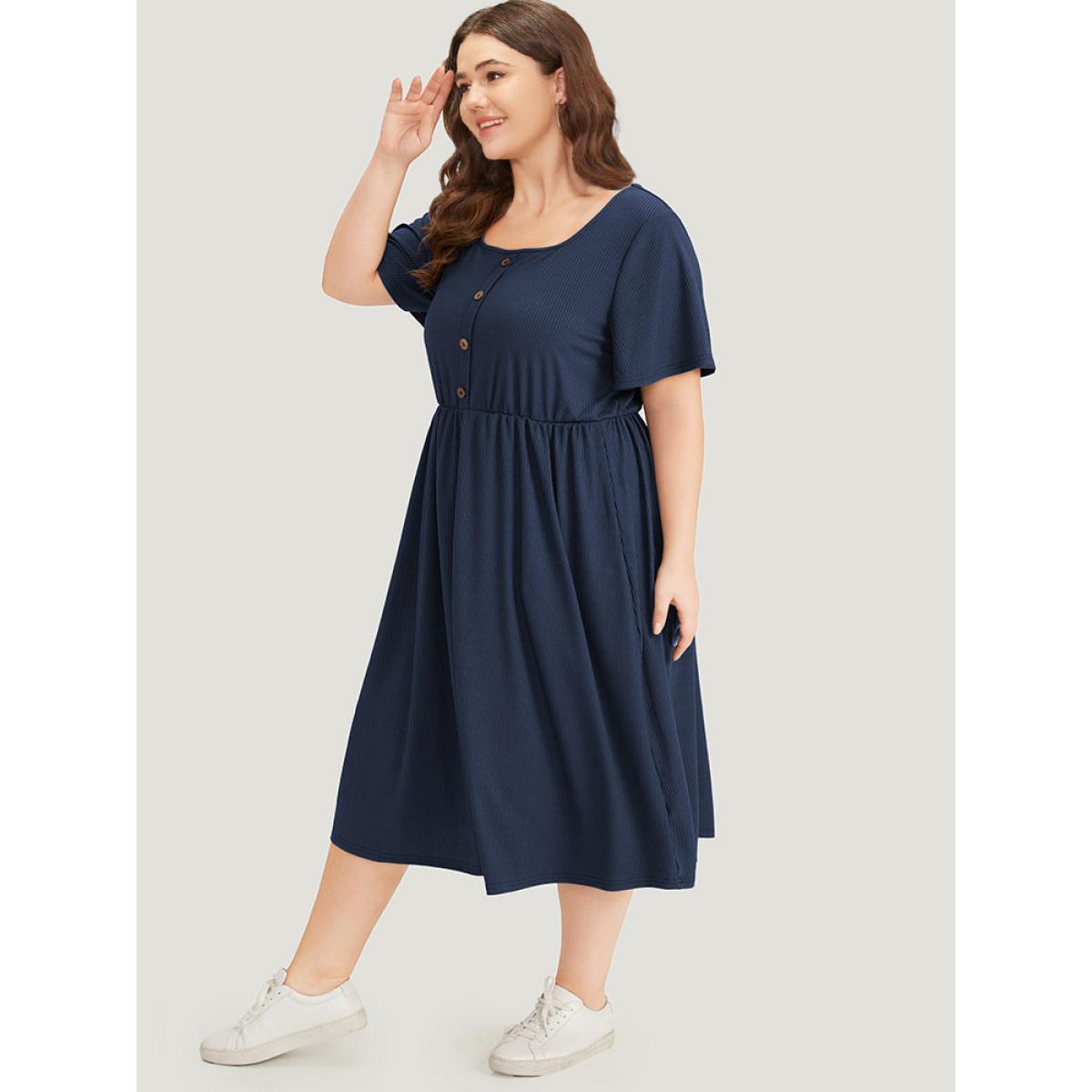 Plus Size Supersoft Essentials Plain Button Detail Ruffle Sleeve Gathered Square Neck Dress Indigo Women Casual Texture Square Neck Short sleeve Curvy Midi Dress BloomChic 28/5X Product Image