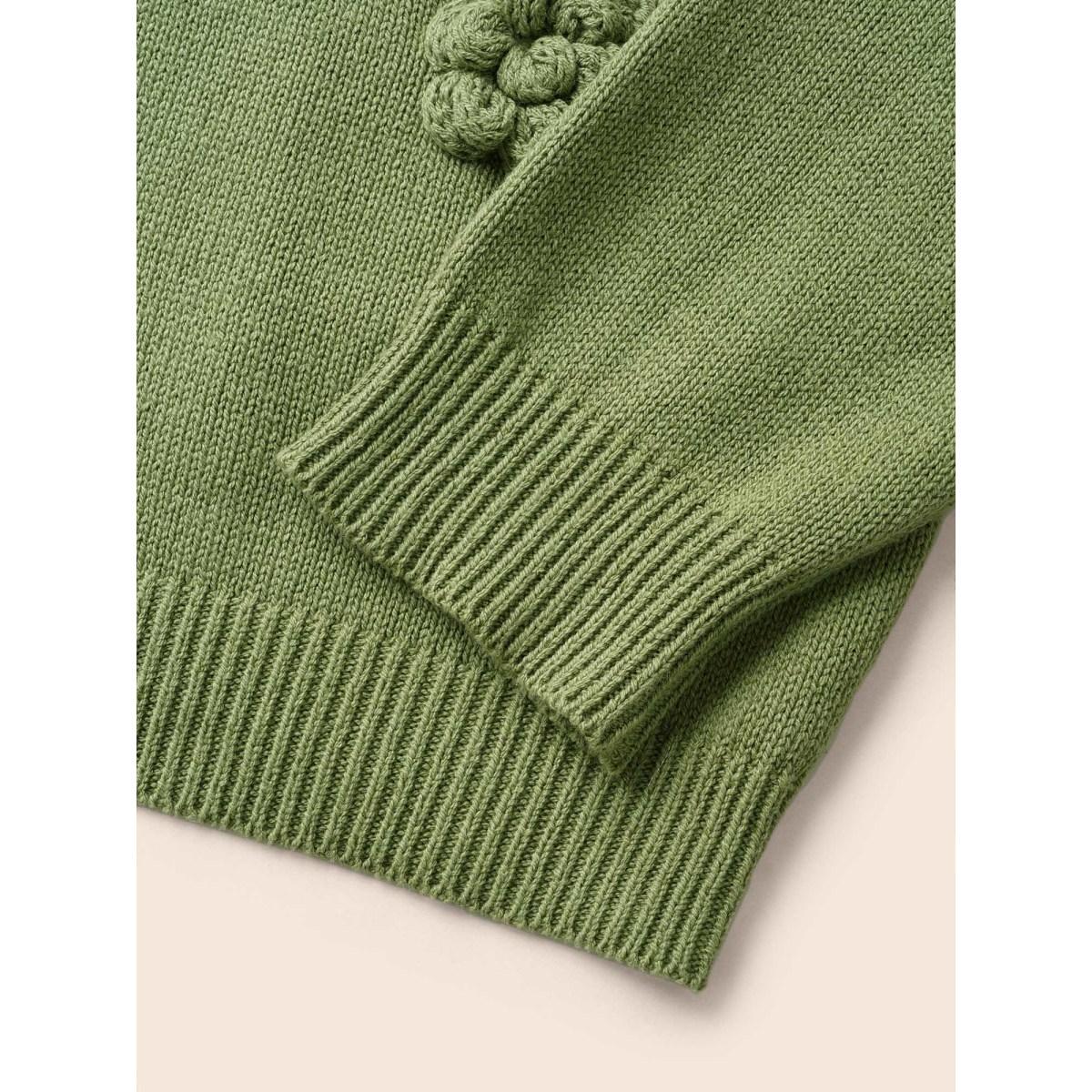 Plus Size V Neck Stereo Flower Design Pullover Moss Women Casual Long Sleeve V-neck Everyday Pullovers BloomChic 12/L Product Image