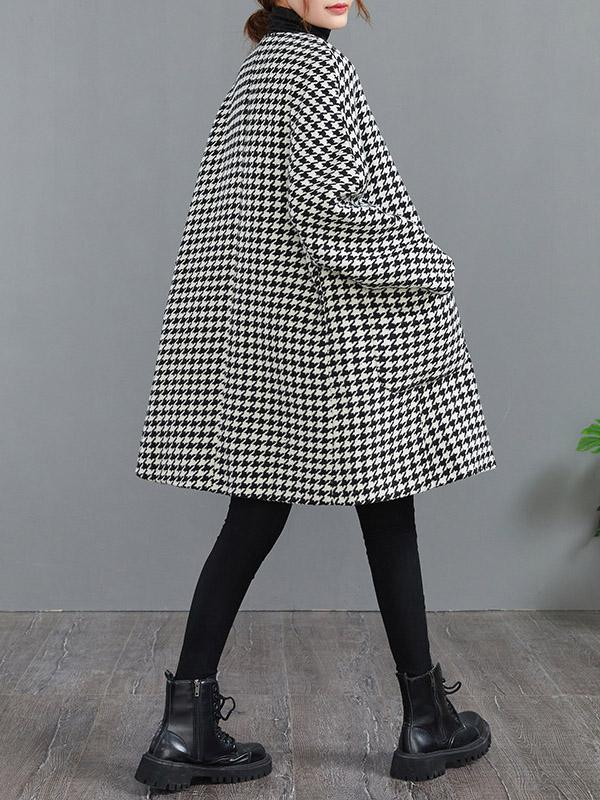 Loose Houndstooth Buttoned Round-Neck Long Sleeves Woolen Coat Product Image