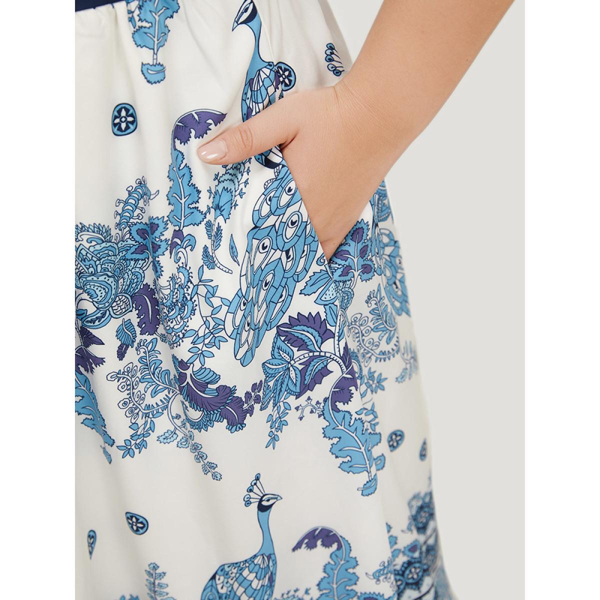 Plus Size Bandana Print Ruffles Pocket Batwing Sleeve Dress Indigo Women Vacation Lined V-neck Half Sleeve Curvy Midi Dress BloomChic 12/L Product Image